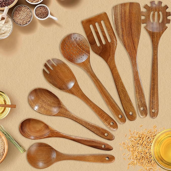 Unokit Cooking Utensils Set for Kitchen - 12 Piece Nonstick Natural Teak Wooden Spoons for Cooking, Comfort Grip Kitchen Utensils Set, Teak Wooden Utensil Set with Holder and Spoon Rest