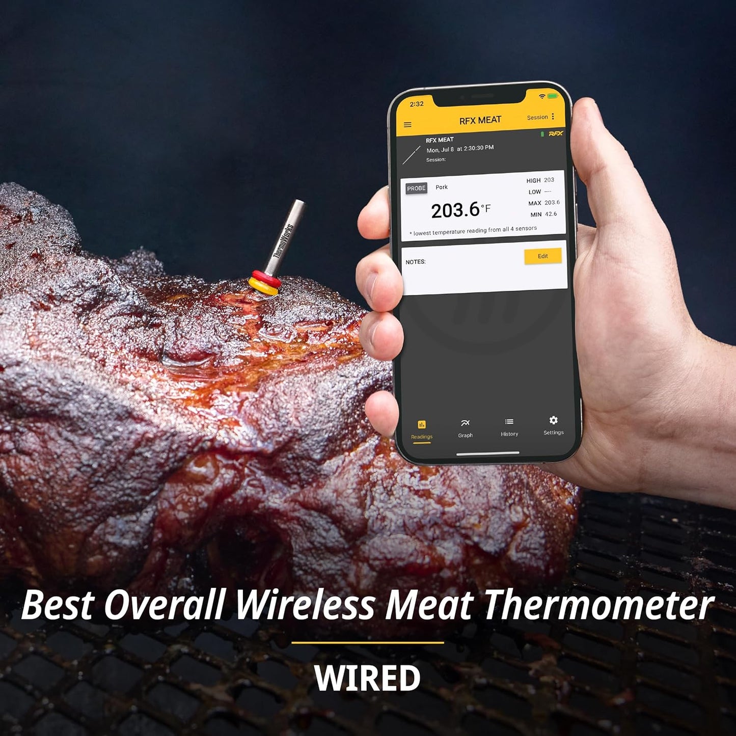 RFX | Smart Wireless Meat Thermometer | Wi-Fi & Radio Frequency | Stronger Signal Than Bluetooth | Meat Probe for Use in Smoker, Grill, BBQ, Oven - 1-Probe Kit