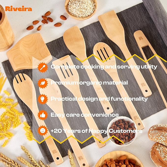 Riveira Maple Wooden Spoons for Cooking Set of 9 – Natural Maple Wooden Cooking Utensils, Wooden Spatula, Wooden Spoon - Premium Quality Utensil Set for Non-Toxic Cooking