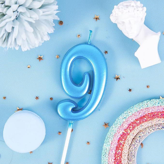 PHD CAKE 2.76 Inch Elegant Blue 9 Number Birthday Candles, Blue Number Candles, Cake Number Candles, Party Celebration