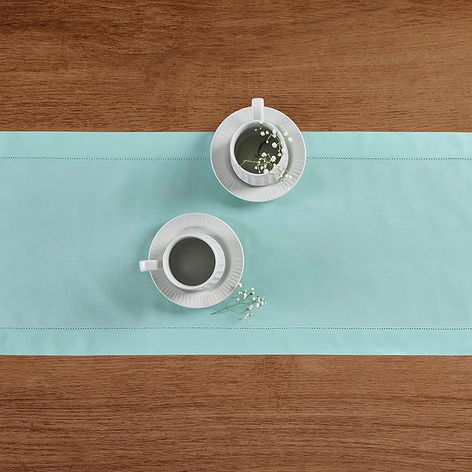 Solino Home Cotton Linen Pastel Turquoise Table Runner 72 Inches Long - Hemstitch Table Runner 14 x 72 Inch for Dresser, Dining