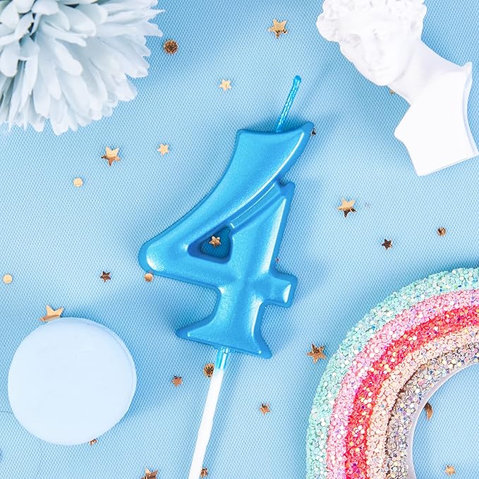 PHD CAKE 2.76 Inch Elegant Blue 4 Number Birthday Candles, Blue Number Candles, Cake Number Candles, Party Celebration