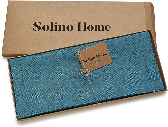 Solino Home Linen Table Runner 90 Inches Long - Athena, 100% Pure Linen Chambray Teal Table Runner 14 x 90 Inch for Dining