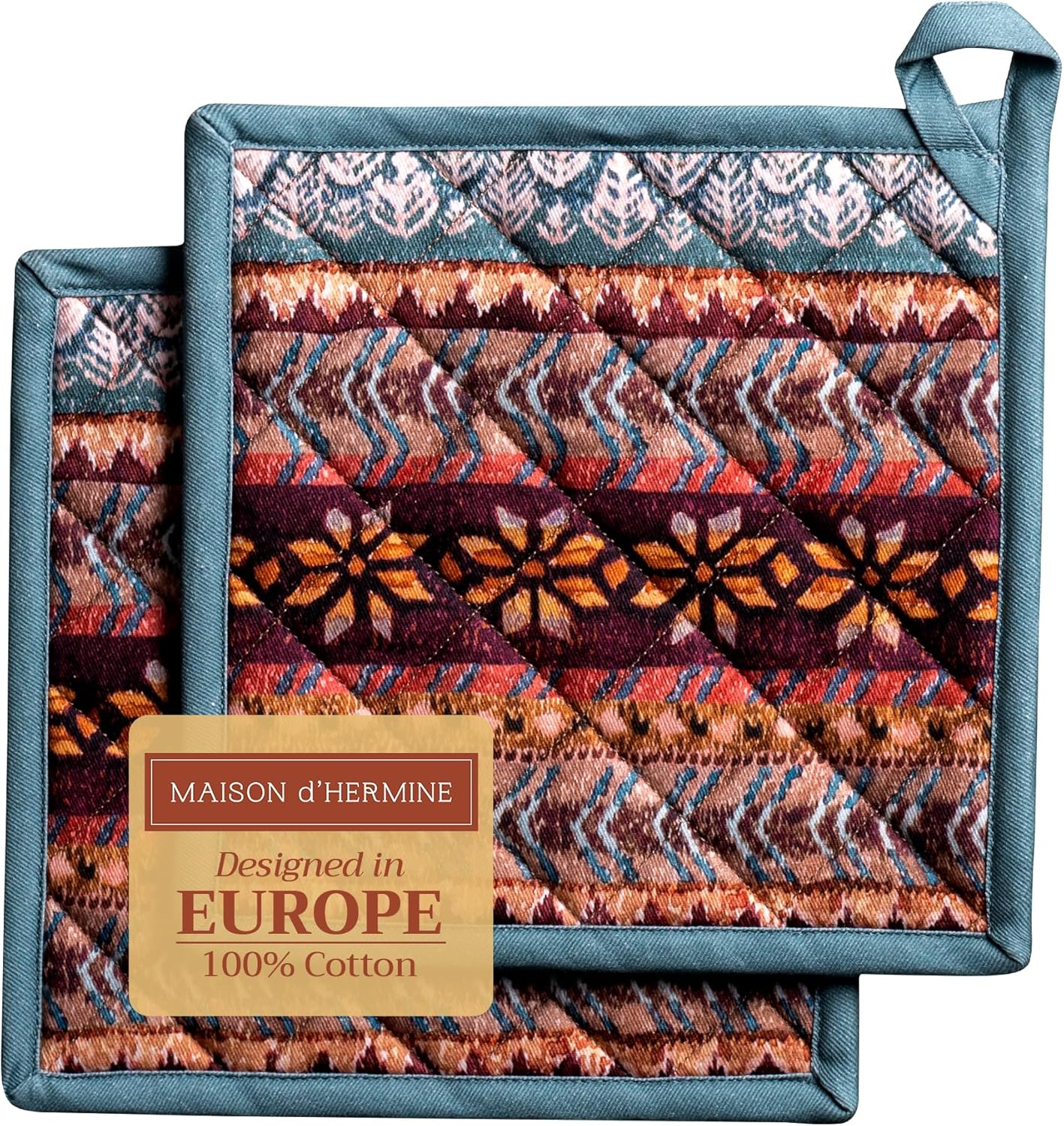 Maison d' Hermine Pot Holders Set 100% Cotton Heat Resistant Potholders 8" x 8" Hot Pads with Loop BBQ, Cooking, Baking, Grilling, Kitchen, Handling Hot Pans (Pack of 2, Fair Isle)