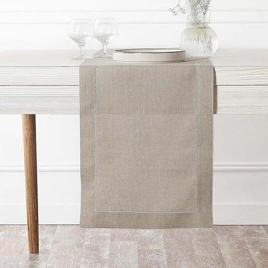 D'Moksha Homes Linen Natural Table Runner 36 Inches - 100% Pure Linen Small Table Runner 14 x 36 Inch Ideal for Dresser, Coffee Tables, Winter, Christmas, Holiday, New Year - Classic Hemstitch