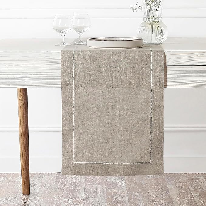 D'Moksha Homes Linen Natural Table Runner 108 Inches Long - 100% Pure Linen 14 x 108 Inch Table Runner for Winter, Christmas, Holiday, New Year - Classic Hemstitch