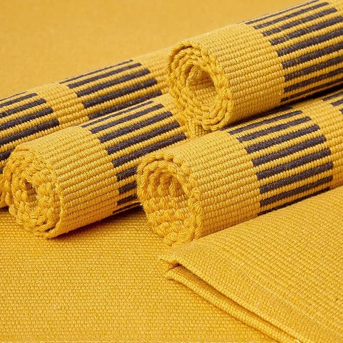 Encasa XO Dining Placemat Set of 6 | Solid Ladder Yellow Color | Fine Ribbed Cotton Table mat | Size 18x13 in |for Dining Table Fall Decoration, Holiday & Christmas Festivals - Machine Washable