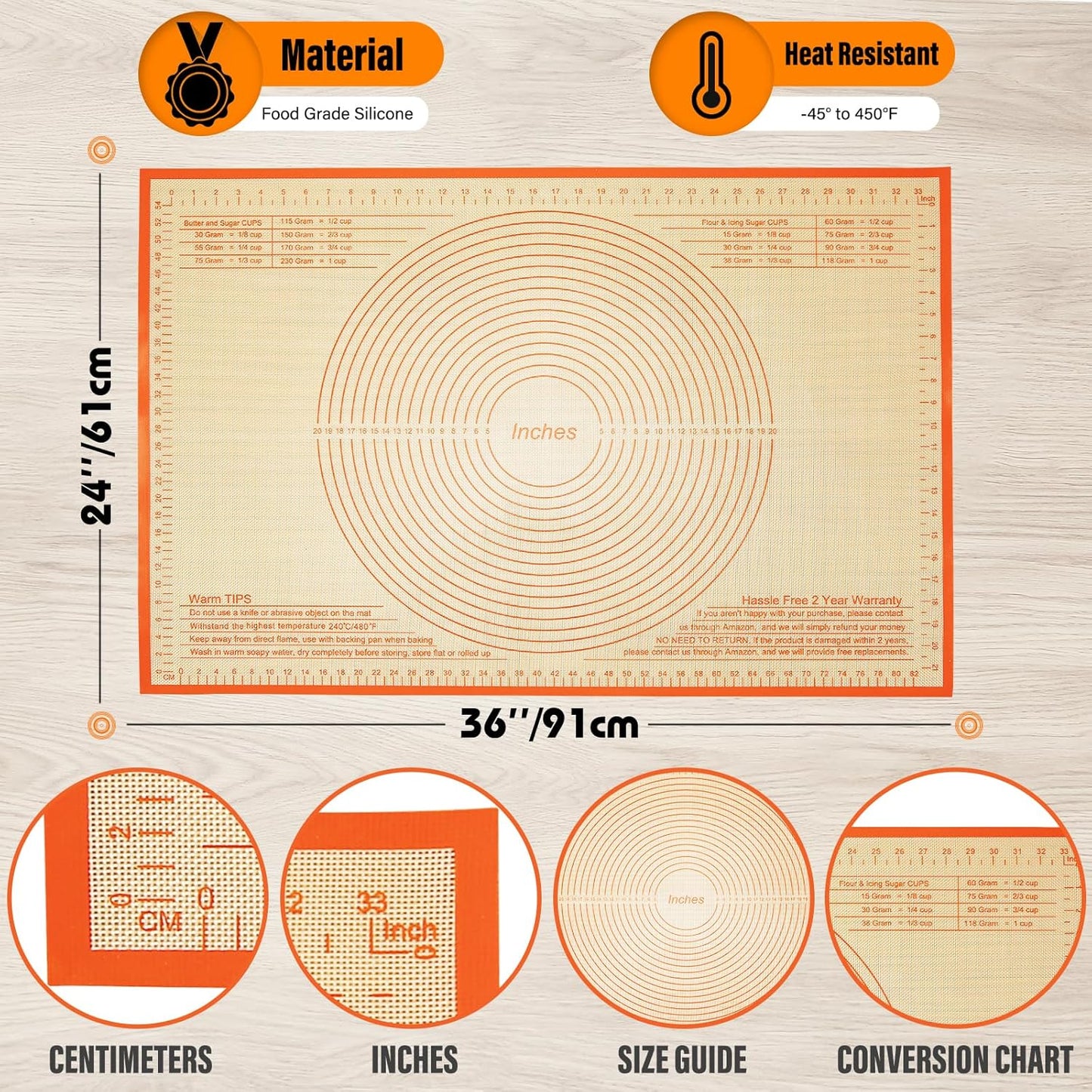 Pastry Mat 36x24 Inch Silicone Baking Mats Perfect for Dough, Pastry, Pie Crust, Fondant, Bread, Cookies, Pasta, Pizza, Kitchen Counter Mat