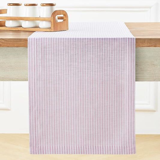 Solino Home Linen Table Runner 144 Inches Long - Narrow Stripe, 100% Pure Linen Pink and White Table Runner 14 x 144 Inch for Dining, Christmas