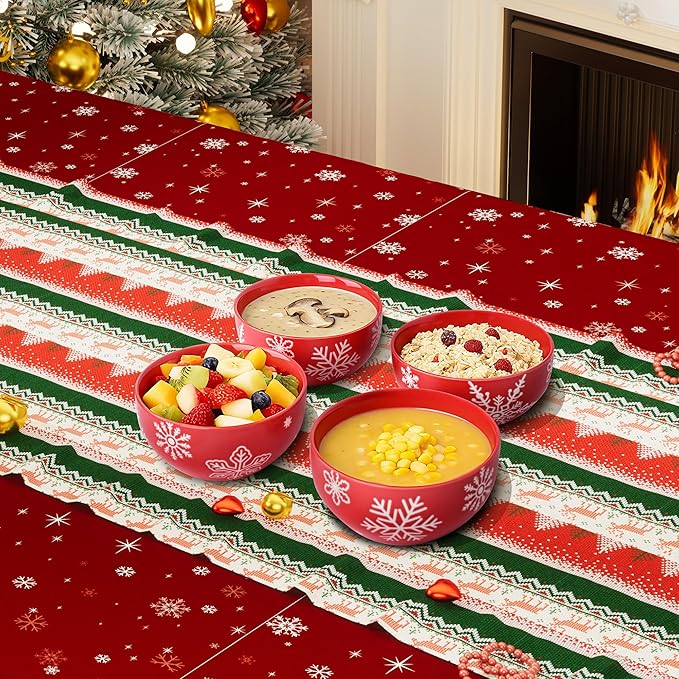 4 Pcs Christmas Cereal Bowls, 23 Oz Ceramic Bowl Set, Deep Serving Bowls, White Red Snowflake Xmas Holiday Soup Bowls for Salad, Dessert, Pasta, Ice Cream, Dishwasher and Microwave Safe