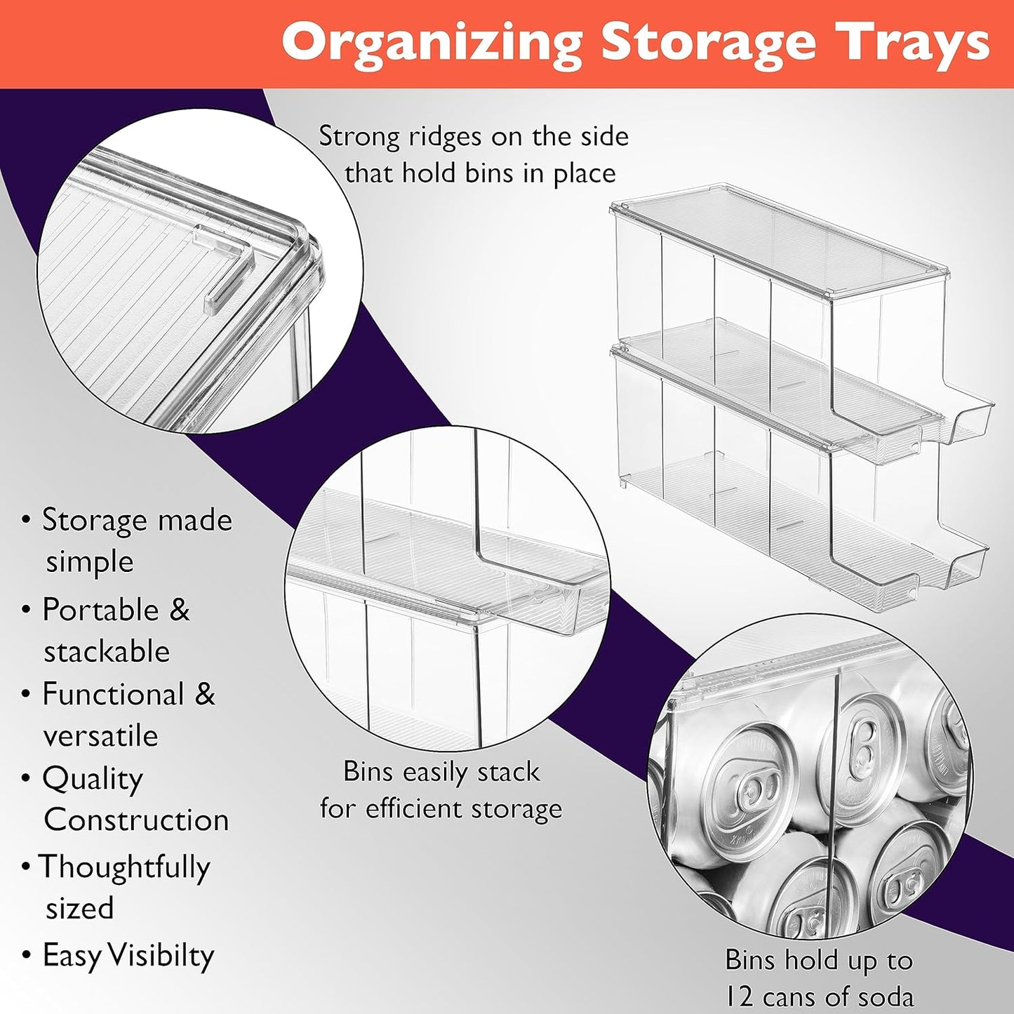 ClearSpace Soda Can Organizer & Soda Can Dispenser for Refrigerator - Fridge Organizer & Stackable Drink Organizer for Fridge, Can Organizer for Refrigerator - Holds 12 Cans Each, BPA Free - 4 Pack