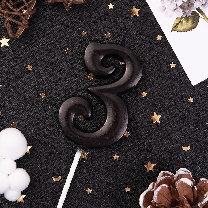 PHD CAKE 2.76 Inch Elegant Black 3 Number Birthday Candles, Black Number Candles, Cake Number Candles, Party Celebration