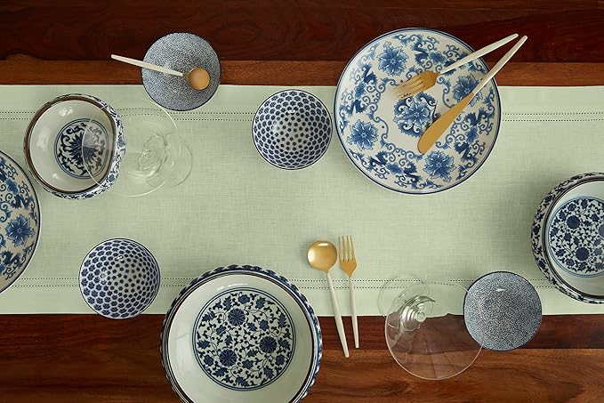 Solino Home Linen Table Runner 120 Inches Long - 100% Pure Linen Sage Green Table Runner 14 x 120 Inch for Christmas, New Year - Double Hemstitch