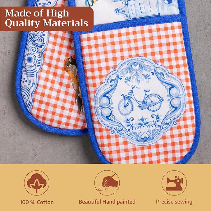 Maison d' Hermine Double Oven Mitts 100% Cotton 7"x35" Double Oven Mitt Heat Resistant BBQ Cooking Gloves with Loop, Baking, Grilling, Home, Kitchen, Handling Hot Pans Spring Summer (Amsterdam Canals)