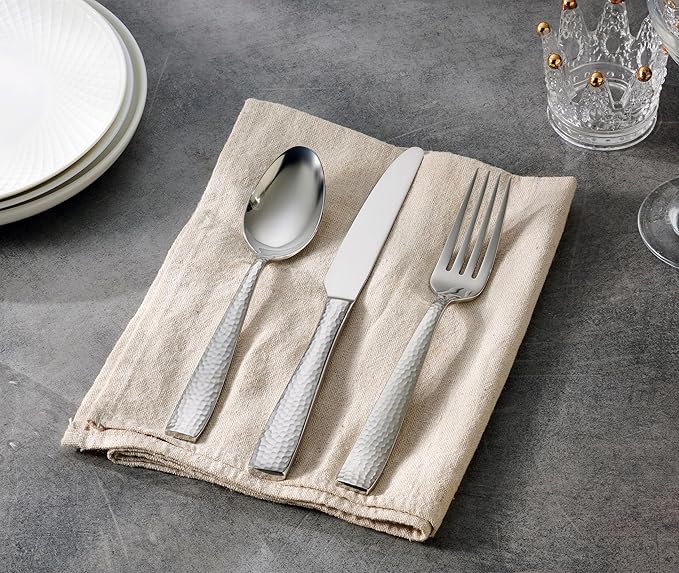 Hudson Essentials 68-Piece Hammered 18/10 Stainless Steel Silverware Cutlery Set with Serving Set, Flatware Service for 12 (68-Piece Set)