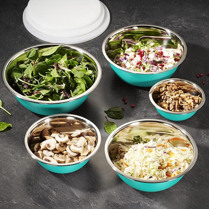 WHYSKO Stainless Steel Mixing Bowls With Lids Set, 5 Sizes Nesting Mixing Bowls for Your Kitchen Meal Prep, Cooking, Baking, and Food Storage (Blue Bowls with White Lids)