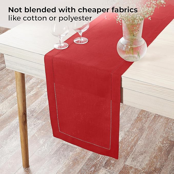 D'Moksha Homes Linen Bright Red Table Runner 72 Inches Long - 100% Pure Linen Hemstitch Table Runner 14 x 72 Inch for Dresser, Dining, Winter, Christmas, Holiday, New Year - Classic Hemstitch