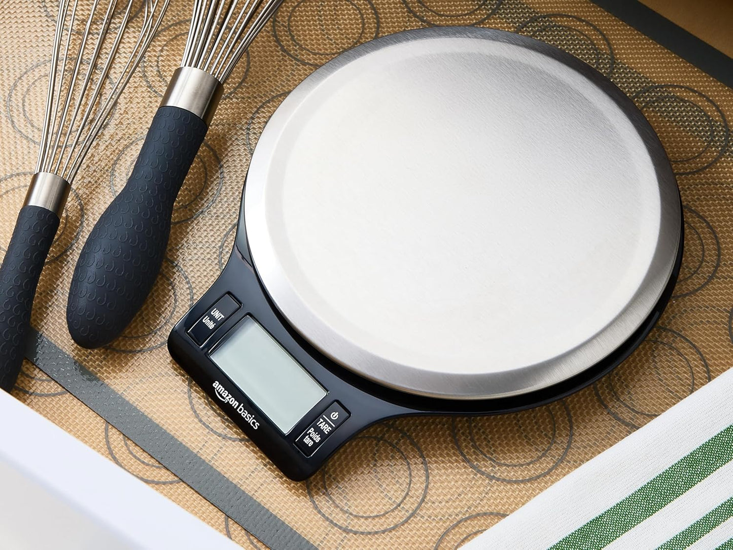 Amazon Basics Digital Kitchen Scale with LCD Display, Batteries Included, Weighs up to 11 pounds, Black and Stainless Steel