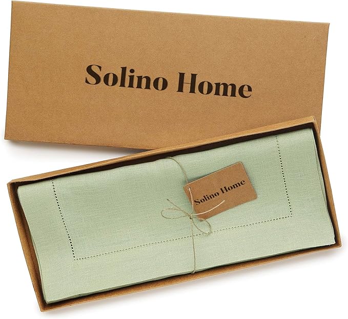 Solino Home Linen Sage Green Table Runner 72 Inches Long - 100% Pure Linen Hemstitch Table Runner 14 x 72 Inch for Dresser, Dining, Christmas, New Year - Classic Hemstitch