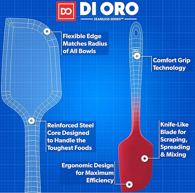 DI ORO - Large Silicone Spatula - 600ºF Heat-Resistant Spatula - Seamless Design - Pro-Grade Non-Stick Silicone Rubber with Reinforced Stainless Steel S-Core Technology (RED)
