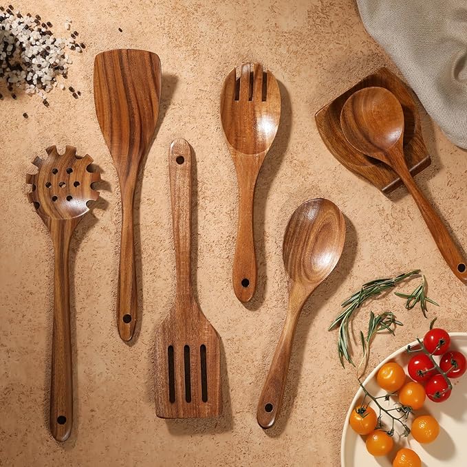 Wooden Spoons for Cooking, 12 Pcs Nonstick Wooden Cooking Utensils Set with Comfort Grip – 100% Natural Teak Wood - Sturdy, Lightweight & Heat Resistant Kitchen Utensils