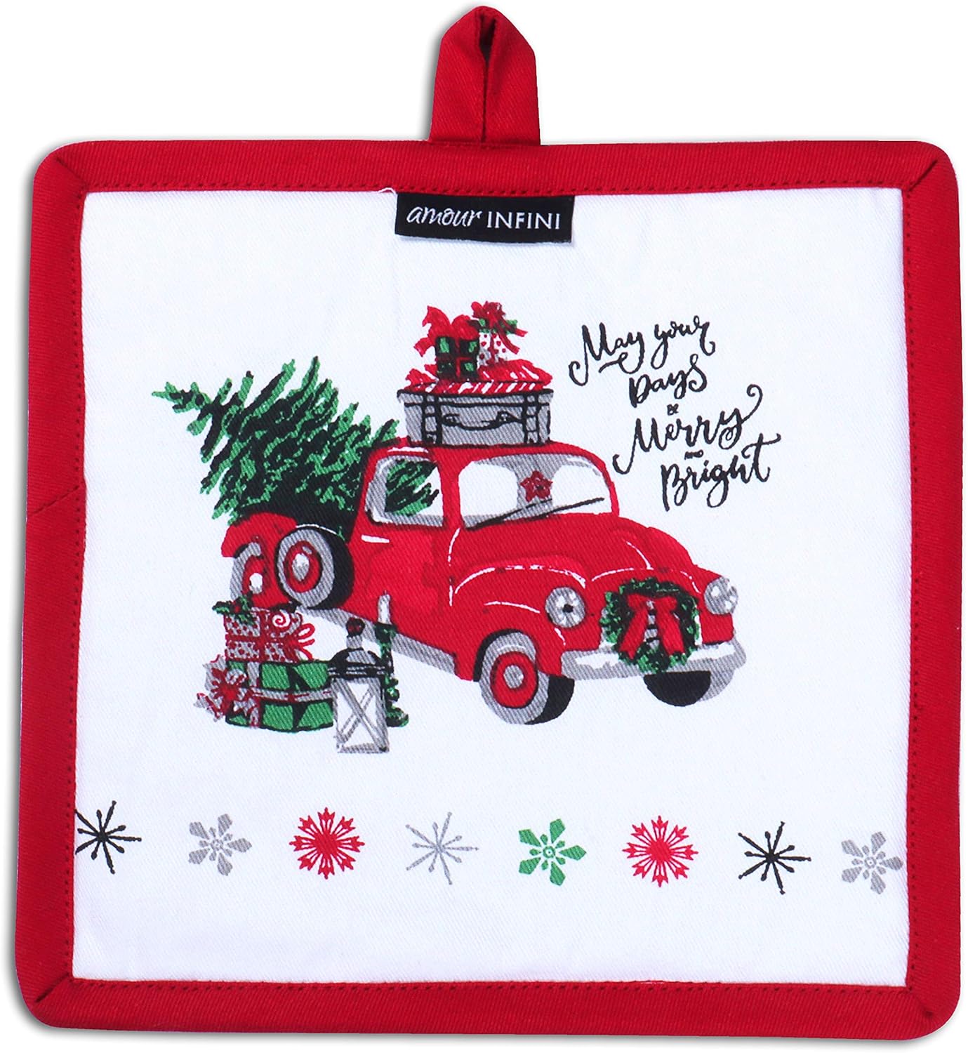 AMOUR INFINI Heat Resistant Pot Holders 100% Cotton Set of 3 Unique Merry Christmas Design 8x8 Inches|Nonslip Hot Pads for Kitchen Baking Cooking Outdoor BBQ Party|Thanksgiving Christmas Festive Gift