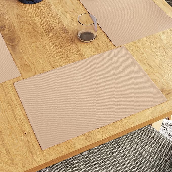 Encasa XO Dining Placemat Set of 6 | Solid Solid Beige Color | Fine Ribbed Cotton Table mat | Size 19x13 in |for Dining Table Fall Decoration, Holiday & Christmas Festivals - Machine Washable