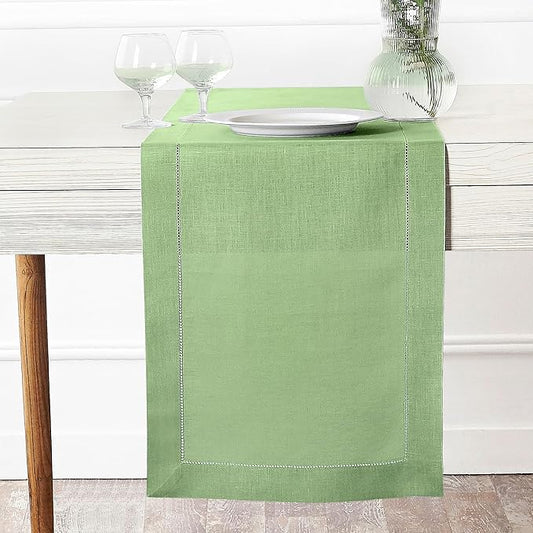 D'Moksha Homes Linen Sage Green Table Runner 60 Inches - Classic Hemstitch, 100% Pure Linen Coffee Table Runner 14 x 60 Inch Ideal for Dresser Tables - Winter, Christmas, Holiday, New Year