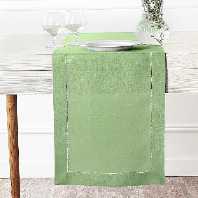 D'Moksha Homes Linen Sage Green Table Runner 132 Inches Long - 100% Pure Linen Extra Long Table Runner 14 x 132 Inch for Winter, Christmas, Holiday, New Year - Classic Hemstitch