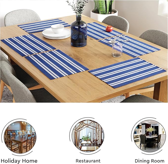 Encasa XO Dining Placemat Set of 6 | Solid Franca Blue Stripes Color | Fine Ribbed Cotton Table mat | Size 19x13 in |for Dining Table Fall Decoration, Holiday & Christmas Festivals - Machine Washable
