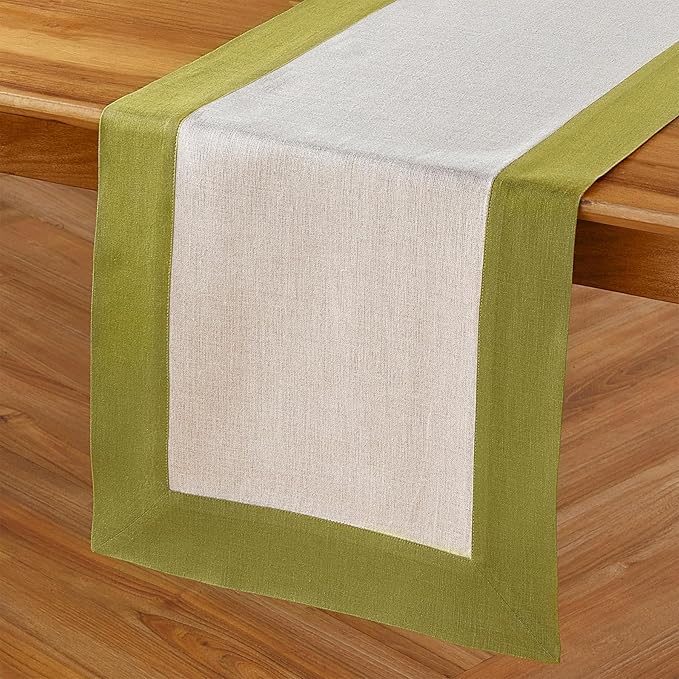 Solino Home Linen Table Runner 36 Inches - 100% Pure Linen Avocado and Natural Short Table Runner 14 x 36 Inch Ideal for Dresser and Coffee Tables - Contempo - Winter