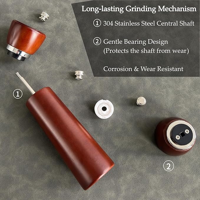 Wooden Salt and Pepper Grinder Set – Refillable Salt and Pepper Mill with Adjustable Upgraded Large Size Ceramic Burr – Manual Pepper Grinder with Beech Wood Body – 8.3” Tall (Chestnut)