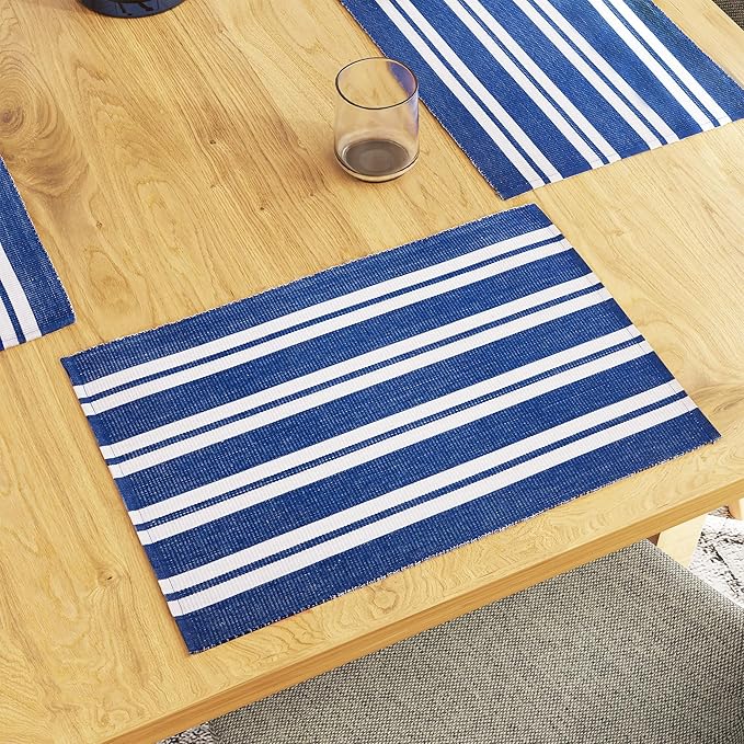 Encasa XO Dining Placemat Set of 6 | Solid Franca Blue Stripes Color | Fine Ribbed Cotton Table mat | Size 19x13 in |for Dining Table Fall Decoration, Holiday & Christmas Festivals - Machine Washable