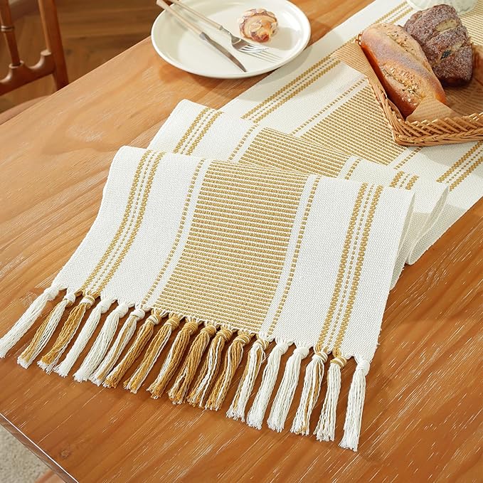Niviy Gold Table Runner with Tassels, 72 Inches Long Farmhouse Macrame Cotton Linen Woven Runners for Summer Home Decor, Gold Table Decorations for Event Party, Christmas (Yellow, 12"×72")