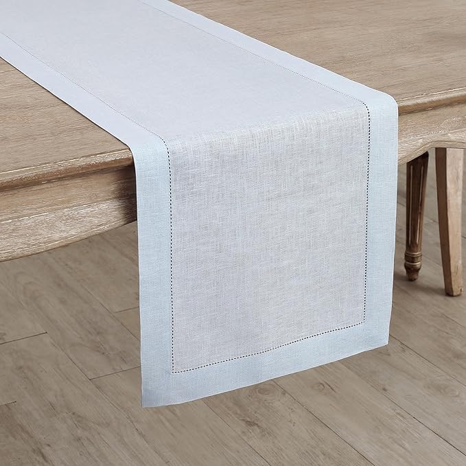 Solino Home Linen Light Blue Table Runner 36 Inches - Classic Hemstitch, 100% Pure Linen Coffee Table Runner 14 x 36 Inch Ideal for Dresser Tables, Christmas, New Year