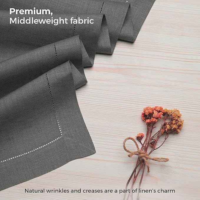 D'Moksha Homes Linen Charcoal Grey Table Runner 132 Inches Long - 100% Pure Linen Extra Long Table Runner 14 x 132 Inch for Winter, Christmas, Holiday, New Year - Classic Hemstitch