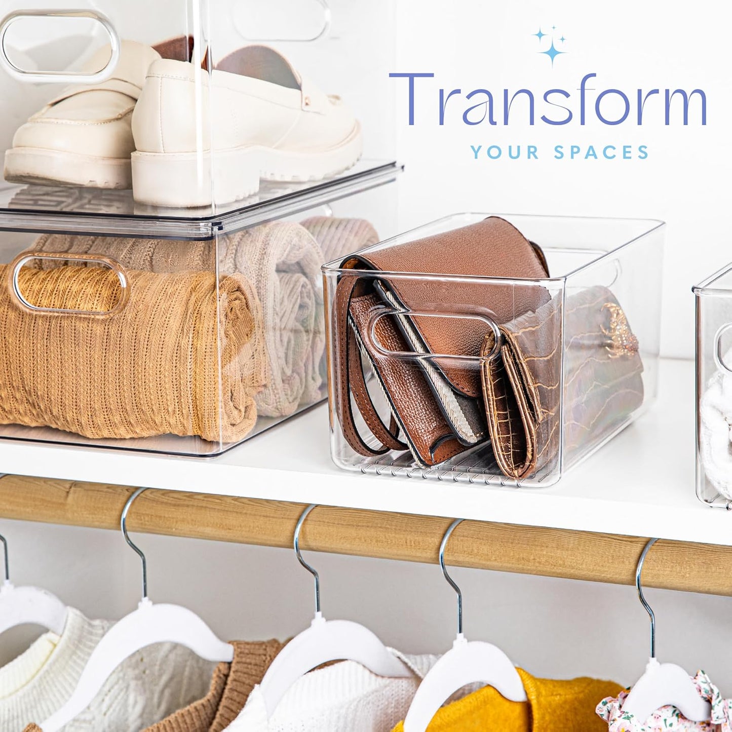 Plastic Food Storage 4 Pack Clear Container Bin with Handles for Organizing Kitchen, Pantry, Fridge, Freezer, Pantry,Bathroom. 10"x6"x5"