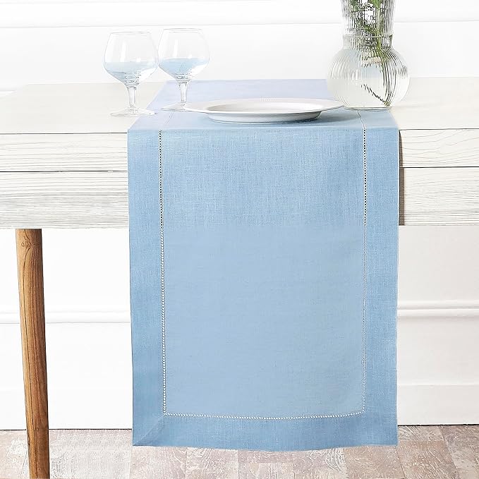 D'Moksha Homes Linen Powder Blue Table Runner 60 Inches - Classic Hemstitch, 100% Pure Linen Coffee Table Runner 14 x 60 Inch Ideal for Dresser Tables - Winter, Christmas, Holiday, New Year