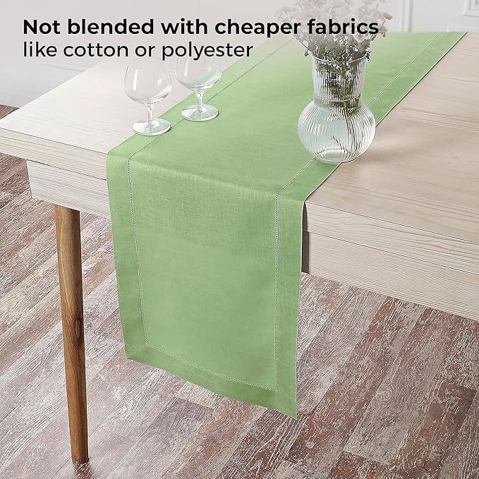 D'Moksha Homes Linen Sage Green Table Runner 132 Inches Long - 100% Pure Linen Extra Long Table Runner 14 x 132 Inch for Winter, Christmas, Holiday, New Year - Classic Hemstitch