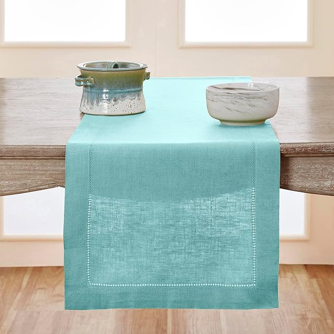 Solino Home Linen Aqua Blue Table Runner 156 Inches Long - 100% Pure Linen Extra Long Table Runner 14 x 156 Inch - Classic Hemstitch