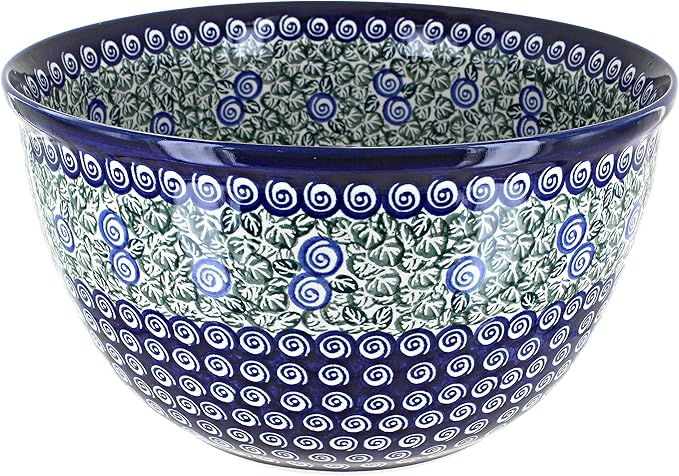 Blue Rose Polish Pottery - Green Seaside Swirl Large Mixing Bowl - 16 Cup Capacity - Polish Pottery Ceramic Bowl for Baking, Mixing & Serving