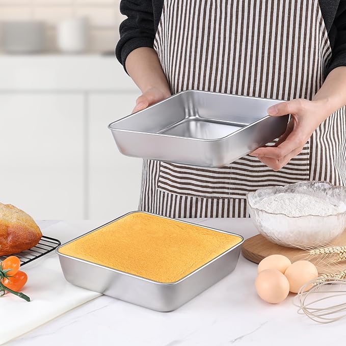 LIANYU 8 x 8 Inch Square Cake Pan, Stainless Steel Baking Lasagna Brownie Bread Pan, Perfect for Birthday Party Wedding, Oven & Dishwasher Safe
