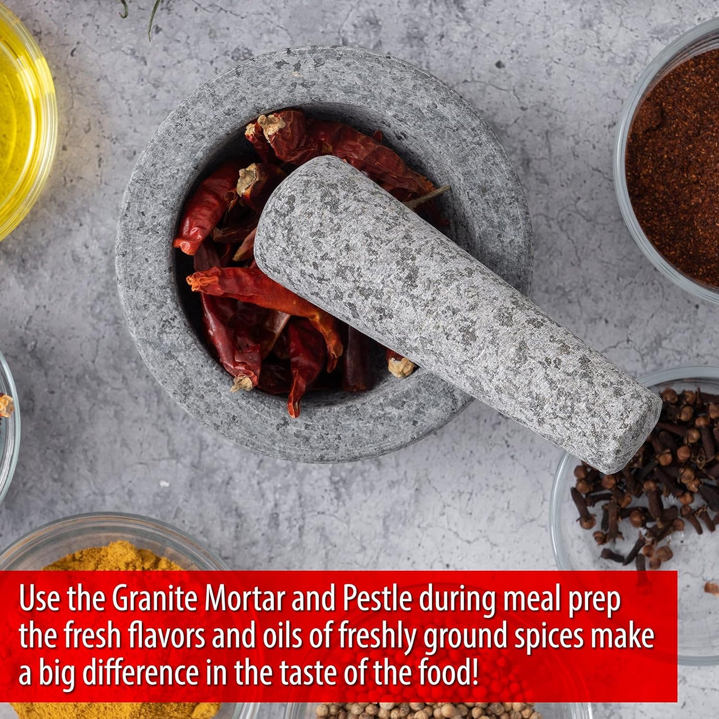 Maxam Grey Mortar and Pestle Set - 5 Inch - 1 Cup Capacity - Heavy Granite for Grinding Spices, Herbs and Avocado Masher for Guacamole and Pesto