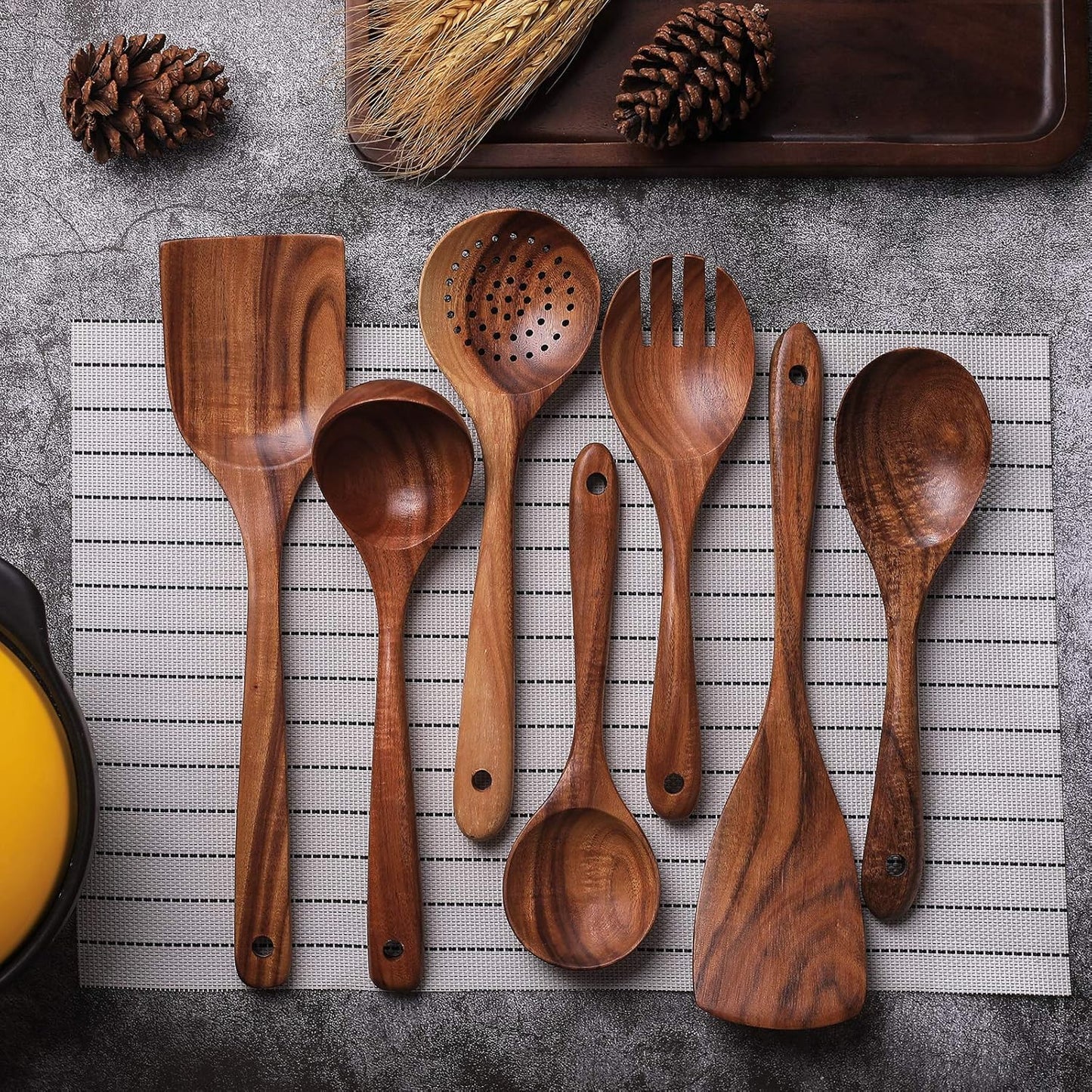 Wooden Non-Stick Kitchen Pan Toolset 7 Pieces Set,100% Natural Teak Kitchen Utensils Spatula, Wooden Cooking Utensils Spoons, Fried Spatula and Salad Fork