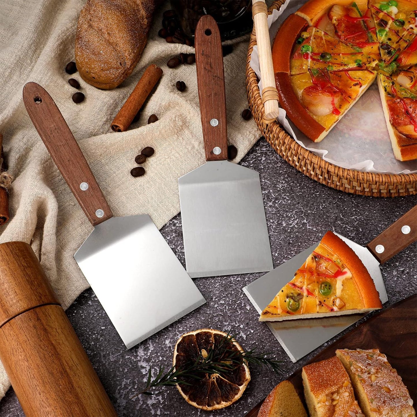 BBTO 20 Pcs Small Brownie Cookie Pizza Spatula Pie Server Stainless Steel Cake Serving Spatula Baking Triangular Spade Wood Handle Shovel for Desserts Pizza Pie Cake Biscuit(Brown)