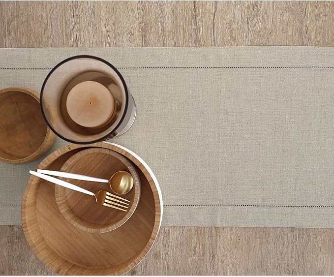 Solino Home Linen Natural Table Runner 156 Inches Long - 100% Pure Linen Extra Long Table Runner 14 x 156 Inch for Christmas, New Year - Classic Hemstitch