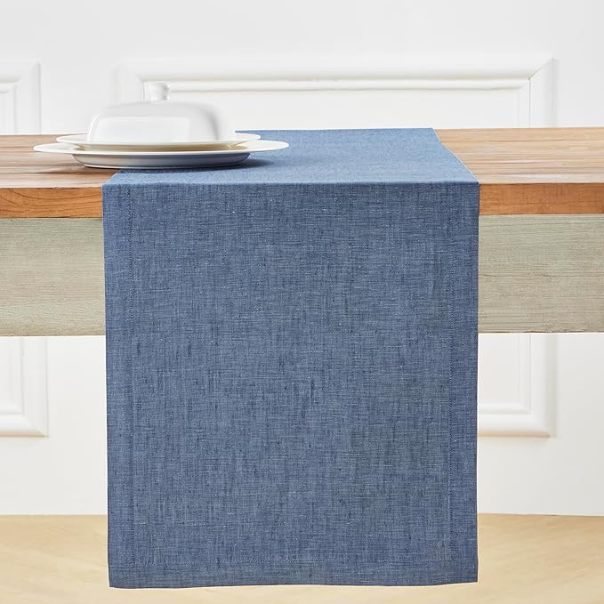Solino Home Linen Table Runner 120 Inches Long - Athena, 100% Pure Linen Blue Denim Dining Table Runner 14 x 120 Inch