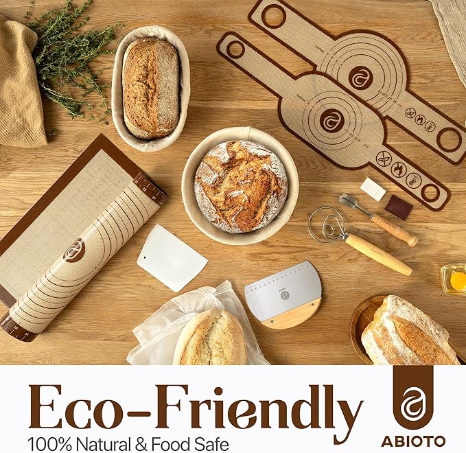 Banneton Bread Proofing Basket Set with Sourdough Bread Baking Supplies, A Complete Sourdough Starter Kit with Bread Lame, Danish Whish, Bowl & Dough Scraper, 2 Bread Slings, and Baking Mat