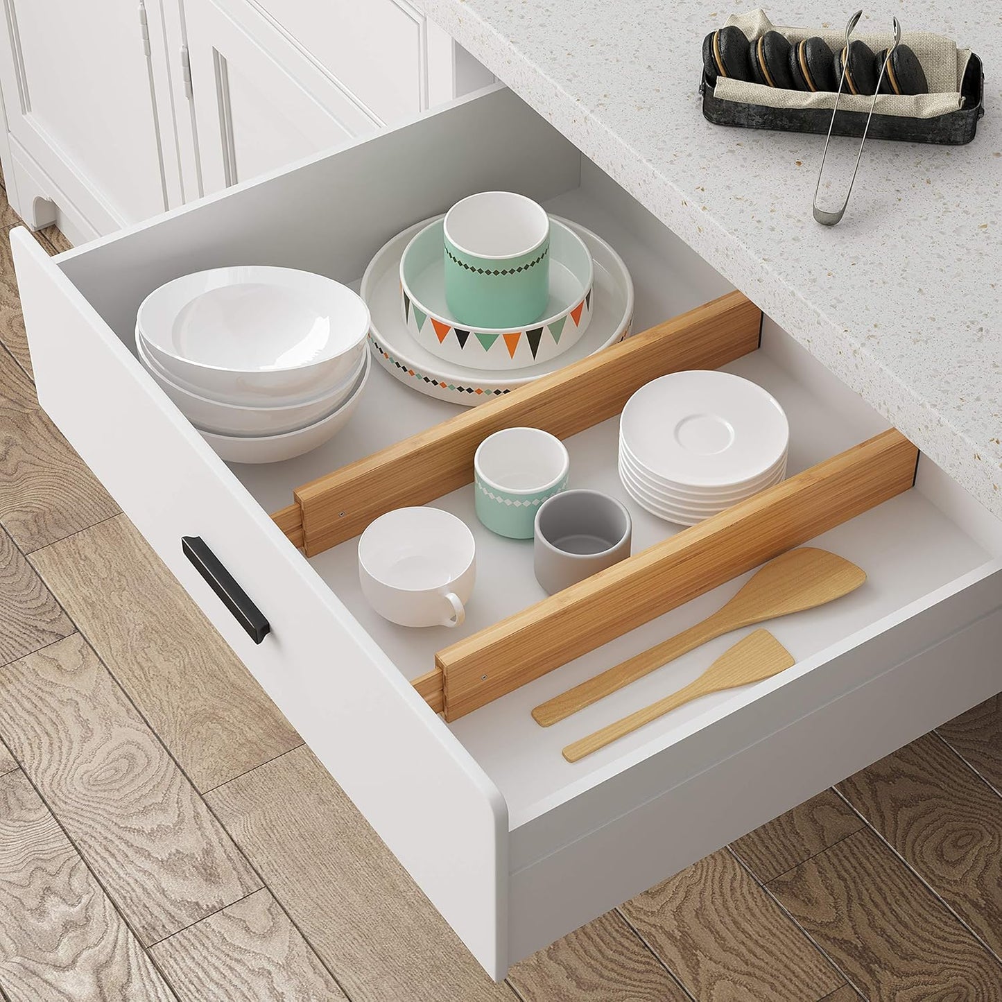 BAMEOS Drawer Dividers kitchen Organization Bamboo Utensil Organizers for Kitchen Bedroom Bathroom Dresser Office 4-pack