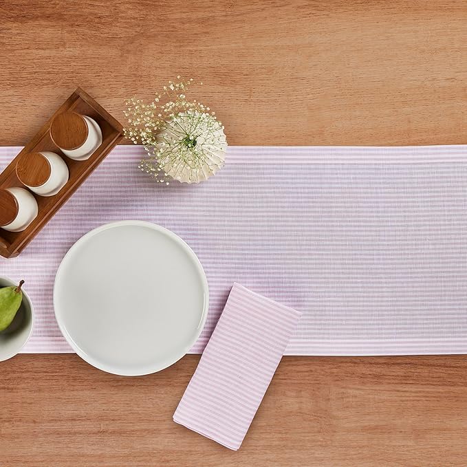 Solino Home Linen Table Runner 60 Inches - Narrow Stripe 100% Pure Linen Pink and White Farmhouse Table Runner 14 x 60 Inch Ideal for Dresser and Coffee Tables, Christmas